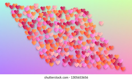 Love Background. Heart Confetti Pattern. Many Random Falling Beautifull Hearts on Hologram Backdrop. Flyer Template. Vector Love Background.