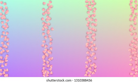 Love Background. Heart Confetti Pattern. Flyer Template. Many Random Falling Purple Hearts on Hologram Backdrop. Vector Love Background.
