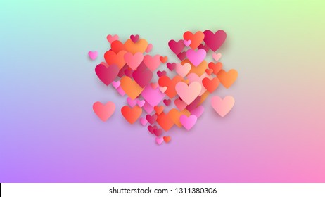 Love Background. Heart Confetti Pattern. Many Random Falling Pink Hearts on Hologram Backdrop. Poster Template. Vector Love Background.