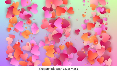 Love Background. Heart Confetti Pattern. Poster Template. Many Random Falling Red Hearts on Hologram Backdrop. Vector Love Background.