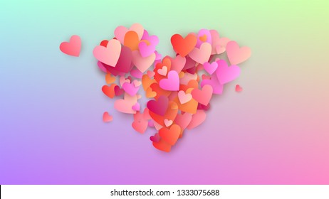 Love Background. Heart Confetti Pattern. Banner Template. Many Random Falling Red Hearts on Hologram Backdrop. Vector Love Background.