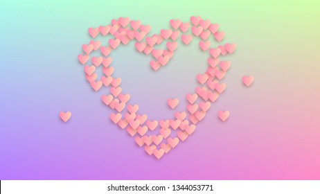 Love Background. Heart Confetti Pattern. Many Random Falling Pink Hearts on Hologram Backdrop. Poster Template. Vector Love Background.