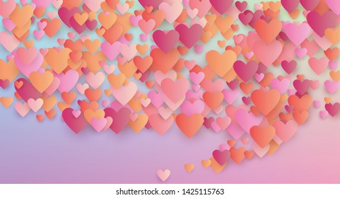 Love Background. Heart Confetti Pattern. Many Random Falling Red Hearts on Hologram Backdrop. Invitation Template. Vector Love Background.