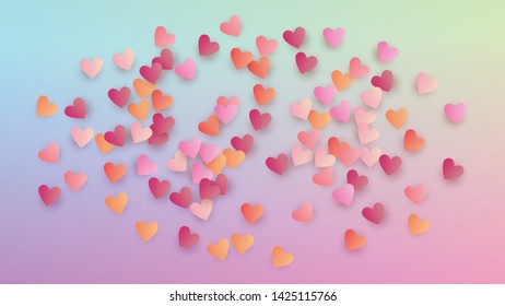 Love Background. Heart Confetti Pattern. Card Template. Many Random Falling Beautifull Hearts on Hologram Backdrop. Vector Love Background.