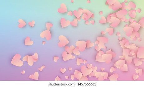 Love Background. Heart Confetti Pattern. Flyer Template. Many Random Falling Beautifull Hearts on Hologram Backdrop. Vector Love Background.