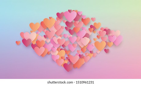 Love Background. Heart Confetti Pattern. Card Template. Many Random Falling Purple Hearts on Hologram Backdrop. Vector Love Background.