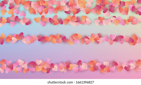 Love Background. Heart Confetti Pattern. Card Template. Many Random Falling Purple Hearts on Hologram Backdrop. Vector Love Background.