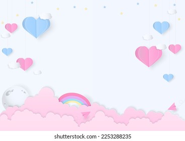 Love background. Heart paper and a cloud in the sky with the moon, rainbow, and star on white background. Paper art style.