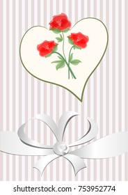 Love background with heart shape, red roses bouquet and white ribbon. Wedding announcement, Valentines day card. Pink, white and red design. Vector EPS 10