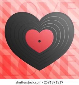 Love background with heart shaped retro vinyl record. Heart vinyl disc cover. Vector illustration