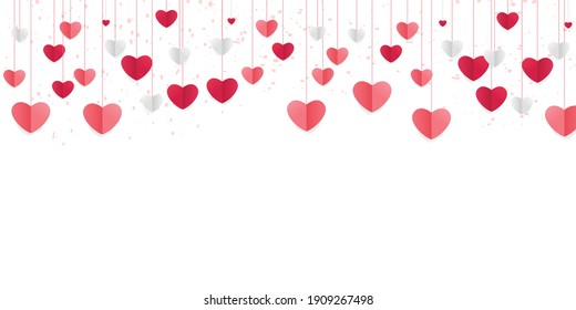 Love background with heart shapes and clouds. Horizontal banner with paper cut clouds and flying hearts in blue sky, paper cut craft art. Happy Valentines day sale concept