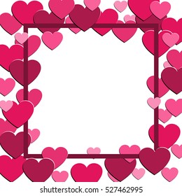 Love background. Hearts frame border. Romantic card, banner, sticker template. Vector illustration. Pink abstract on white background.