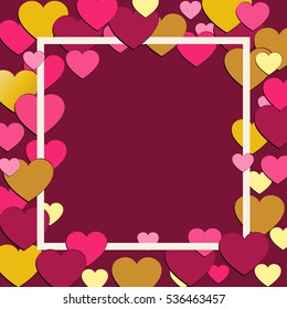 Love background. Hearts frame border. Romantic card, banner, sticker template. Vector illustration. Pink and Gold background.