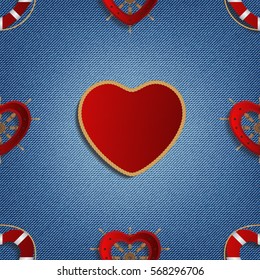 Love background with hearts as a lifebuoy,  helm on  jeans backgrounds. Vector illustration. 