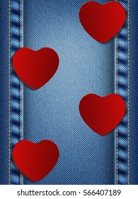 Love background with hearts on  jeans backgrounds. Vector illustration.