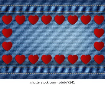 Love background with hearts on  jeans backgrounds. Vector illustration. 