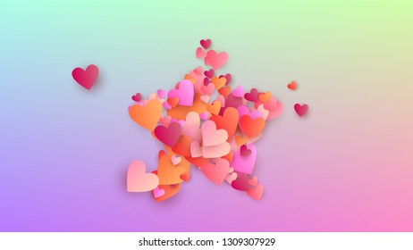 Love Background. Invitation Template. Heart Confetti Pattern. Many Random Falling Beautifull Hearts on Hologram Backdrop. Vector Love Background.