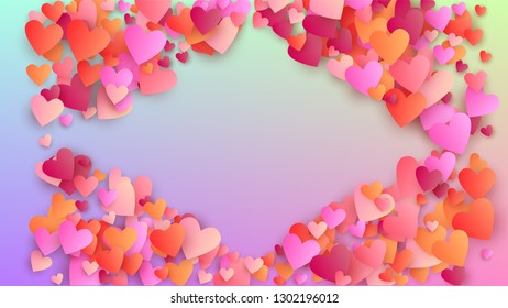 Love Background. Invitation Template. Many Random Falling Pink Hearts on Hologram Backdrop. Heart Confetti Pattern. Vector Love Background.