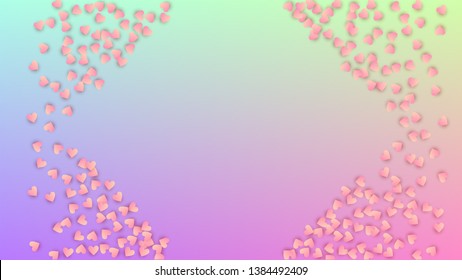 Love Background. Invitation Template. Many Random Falling Pink Hearts on Hologram Backdrop. Heart Confetti Pattern. Vector Love Background.