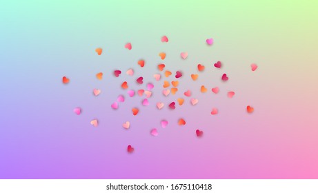 Antecedentes de amor. Plantilla de invitación. Muchos corazones morados al azar en el fondo del holograma. Patrón de Confetti del Corazón. Fondo de amor vectorial.