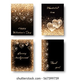 Love background with light effect. Sequins pattern on a black backdrop. Design to celebrate marriage ceremony. Vector illustration
