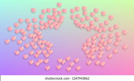 Love Background. Many Random Falling Pink Hearts on Hologram Backdrop. Heart Confetti Pattern. Invitation Template. Vector Love Background.