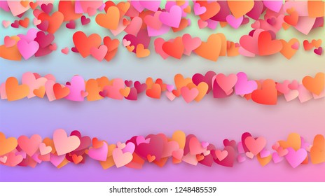 Love Background. Many Random Falling Pink Hearts on Hologram Backdrop. Card Template. Heart Confetti Pattern. Vector Love Background.