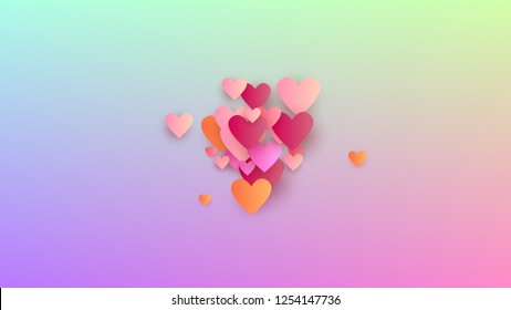 Love Background. Many Random Falling Purple Hearts on Hologram Backdrop. Poster Template. Heart Confetti Pattern. Vector Love Background.