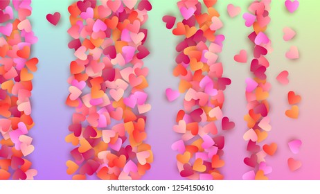 Love Background. Many Random Falling Purple Hearts on Hologram Backdrop. Heart Confetti Pattern. Poster Template. Vector Love Background.