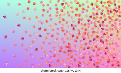 Love Background. Many Random Falling Purple Hearts on Hologram Backdrop. Heart Confetti Pattern. Flyer Template. Vector Love Background.