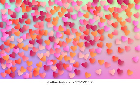 Love Background. Many Random Falling Purple Hearts on Hologram Backdrop. Heart Confetti Pattern. Flyer Template. Vector Love Background.