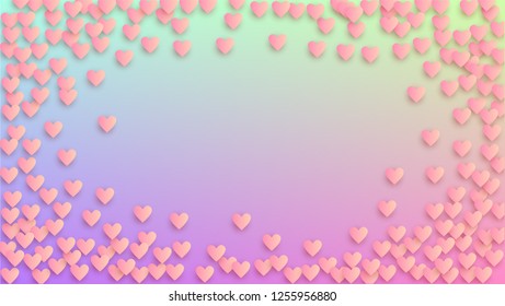 Love Background. Many Random Falling Purple Hearts on Hologram Backdrop. Banner Template. Heart Confetti Pattern. Vector Love Background.