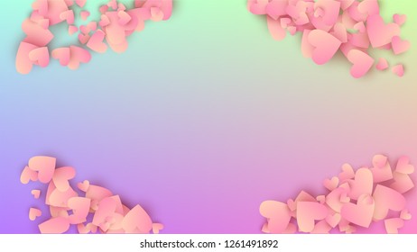 Love Background. Many Random Falling Beautifull Hearts on Hologram Backdrop. Heart Confetti Pattern. Card Template. Vector Love Background.