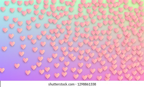 Love Background. Many Random Falling Purple Hearts on Hologram Backdrop. Invitation Template. Heart Confetti Pattern. Vector Love Background.