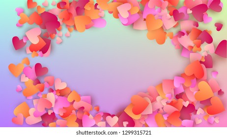 Love Background. Many Random Falling Purple Hearts on Hologram Backdrop. Heart Confetti Pattern. Card Template. Vector Love Background.