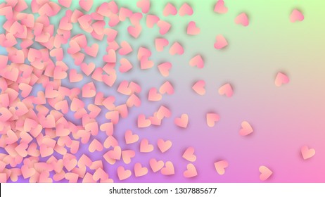 Love Background. Many Random Falling Pink Hearts on Hologram Backdrop. Invitation Template. Heart Confetti Pattern. Vector Love Background.