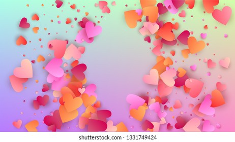 Love Background. Many Random Falling Pink Hearts on Hologram Backdrop. Heart Confetti Pattern. Banner Template. Vector Love Background.