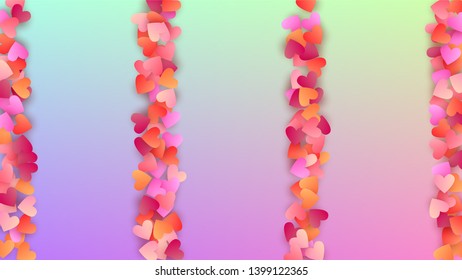 Love Background. Many Random Falling Purple Hearts on Hologram Backdrop. Heart Confetti Pattern. Banner Template. Vector Love Background.