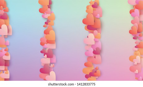 Love Background. Many Random Falling Pink Hearts on Hologram Backdrop. Heart Confetti Pattern. Card Template. Vector Love Background.