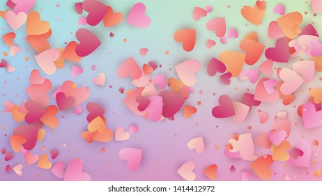 Love Background. Many Random Falling Red Hearts on Hologram Backdrop. Poster Template. Heart Confetti Pattern. Vector Love Background.