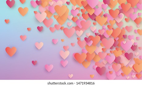 Love Background. Many Random Falling Beautifull Hearts on Hologram Backdrop. Flyer Template. Heart Confetti Pattern. Vector Love Background.