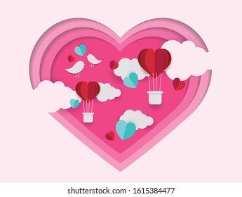 Love background, poster, banner,card , flyer design.Vector illustration of heart,hot air balloon, love birds, clouds in origami style.
Paper art/digital craft style love deign.