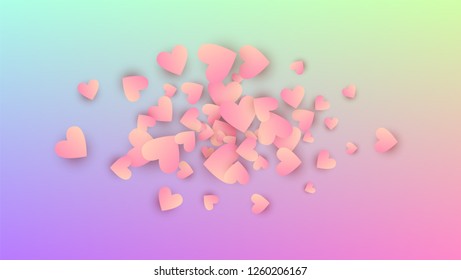 Love Background. Poster Template. Heart Confetti Pattern. Many Random Falling Purple Hearts on Hologram Backdrop. Vector Love Background.