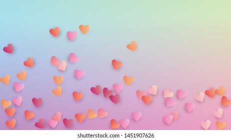 Love Background. Poster Template. Heart Confetti Pattern. Many Random Falling Purple Hearts on Hologram Backdrop. Vector Love Background.