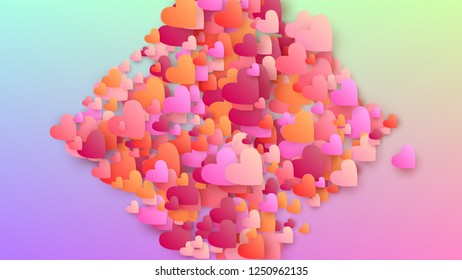Love Background. Poster Template. Many Random Falling Pink Hearts on Hologram Backdrop. Heart Confetti Pattern. Vector Love Background.