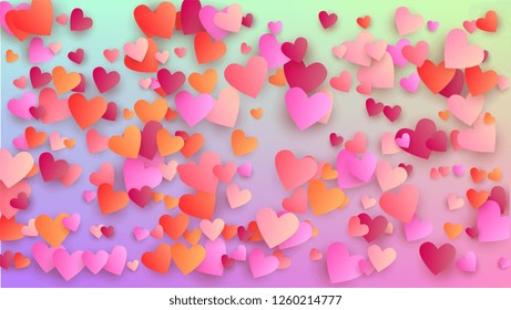 Love Background. Poster Template. Many Random Falling Beautifull Hearts on Hologram Backdrop. Heart Confetti Pattern. Vector Love Background.