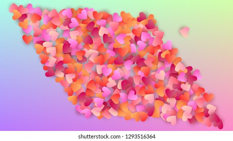 Love Background. Poster Template. Many Random Falling Purple Hearts on Hologram Backdrop. Heart Confetti Pattern. Vector Love Background.