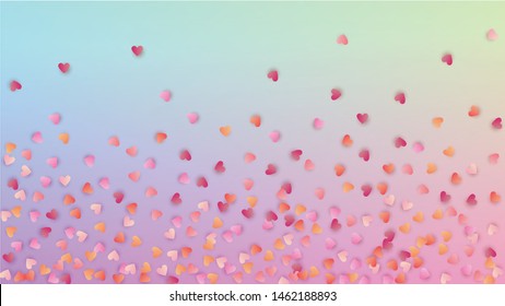 Love Background. Poster Template. Many Random Falling Beautifull Hearts on Hologram Backdrop. Heart Confetti Pattern. Vector Love Background.