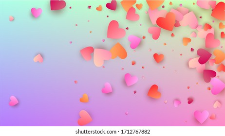 Antecedentes de amor. Plantilla de póster. Muchos corazones morados al azar en el fondo del holograma. Patrón de Confetti del Corazón. Fondo de amor vectorial.