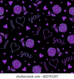 Love background in purple and violet colors with doodle elements. Vector seamless pattern with hearts and love elements on a black backdrop.